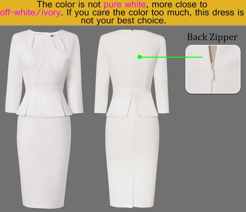 VFSHOW Womens Off-White Ivory Spring Fall Pleated Crew Neck Peplum Work Business Office Bodycon Pencil Sheath Dress 3587 WHT S - Image 4